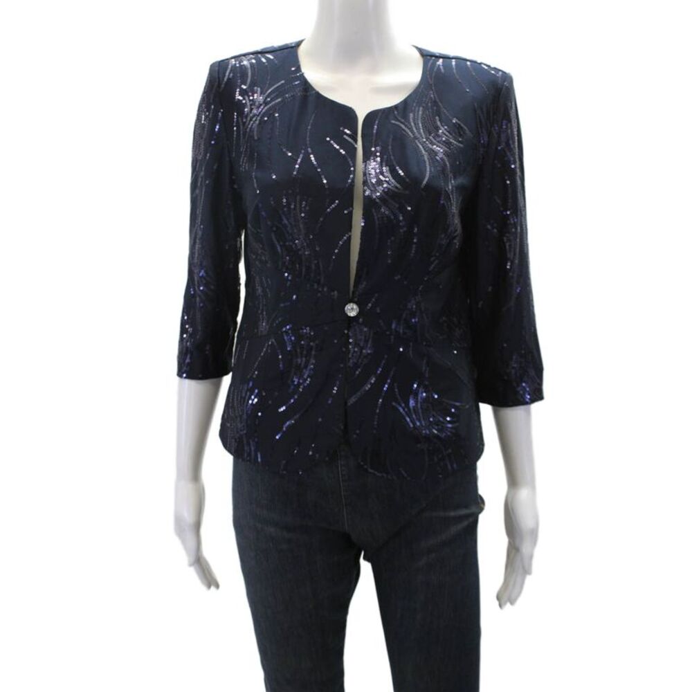Alex Evenings Womens Sequin Embellished Quarter Sleeve Blazer Blue Size 8P